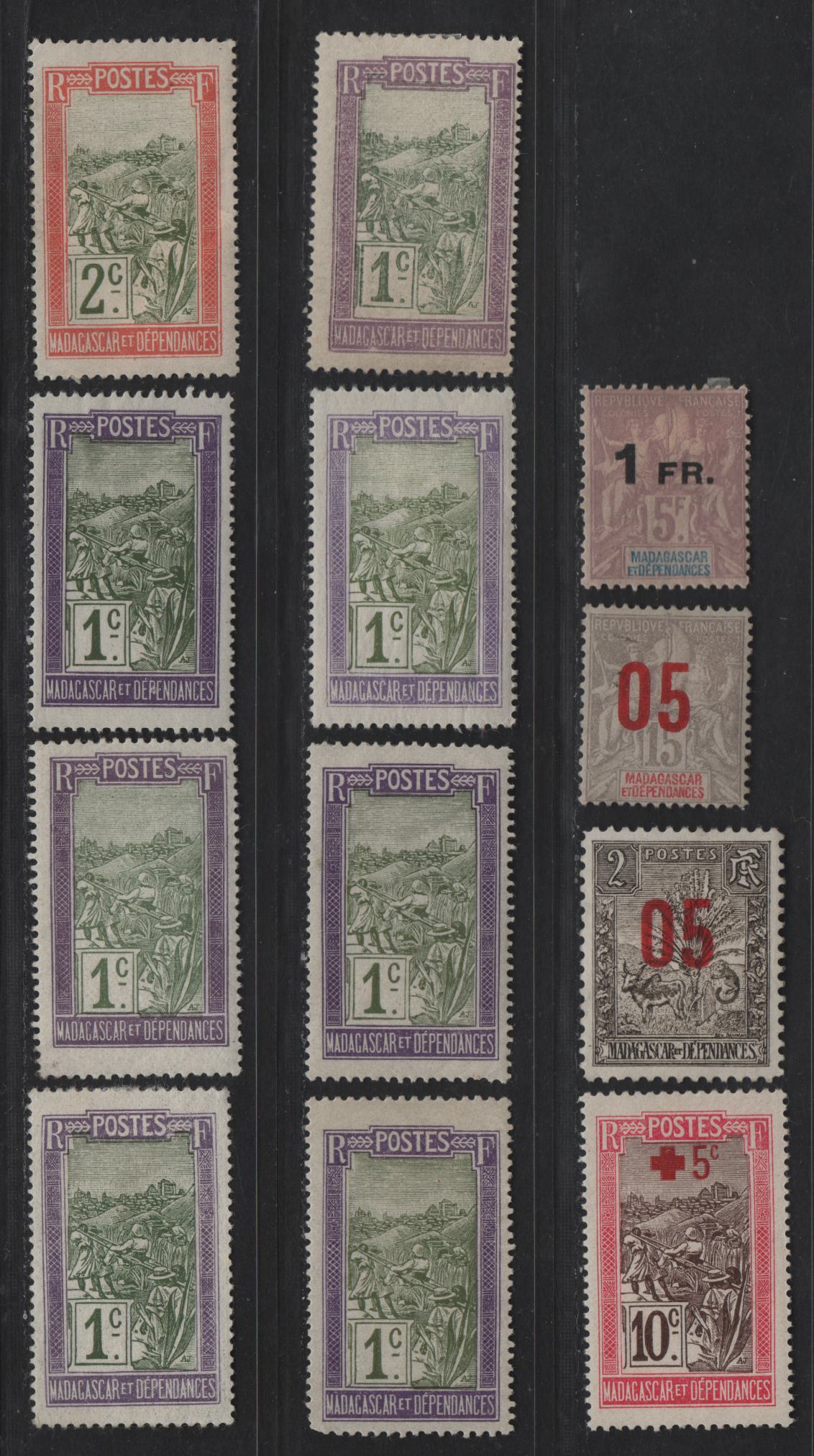 Lot 154 Madagascar SC#79-81, 83, 85-90, 97, 100, 102, 105-106, 110, 115, 119, 128, 137, 138, 133, 178, B1 1fr on 5fr - 1fr Red Lilac - Dull Blue Sedan Chair, 1908-1929 Pictorial Definitive, Surcharged & Semi Postal Issues, 40 F/VFOG Singles