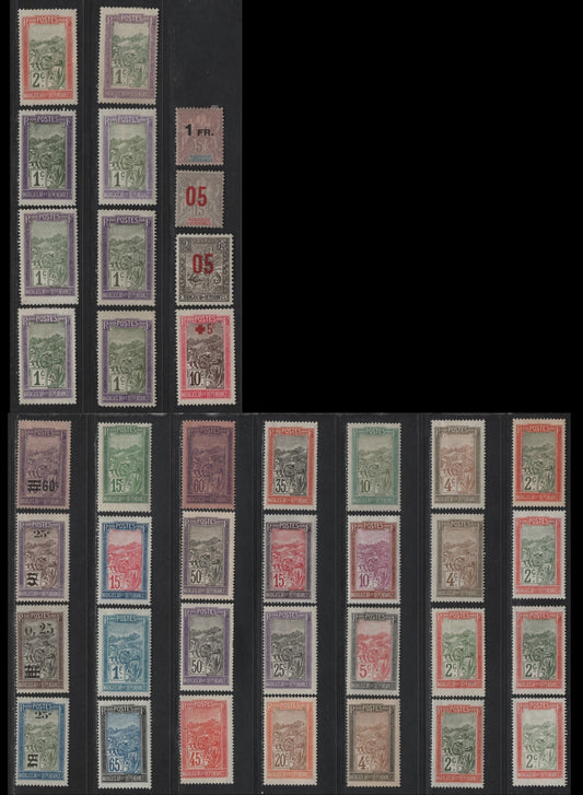 Lot 154 Madagascar SC#79-81, 83, 85-90, 97, 100, 102, 105-106, 110, 115, 119, 128, 137, 138, 133, 178, B1 1fr on 5fr - 1fr Red Lilac - Dull Blue Sedan Chair, 1908-1929 Pictorial Definitive, Surcharged & Semi Postal Issues, 40 F/VFOG Singles