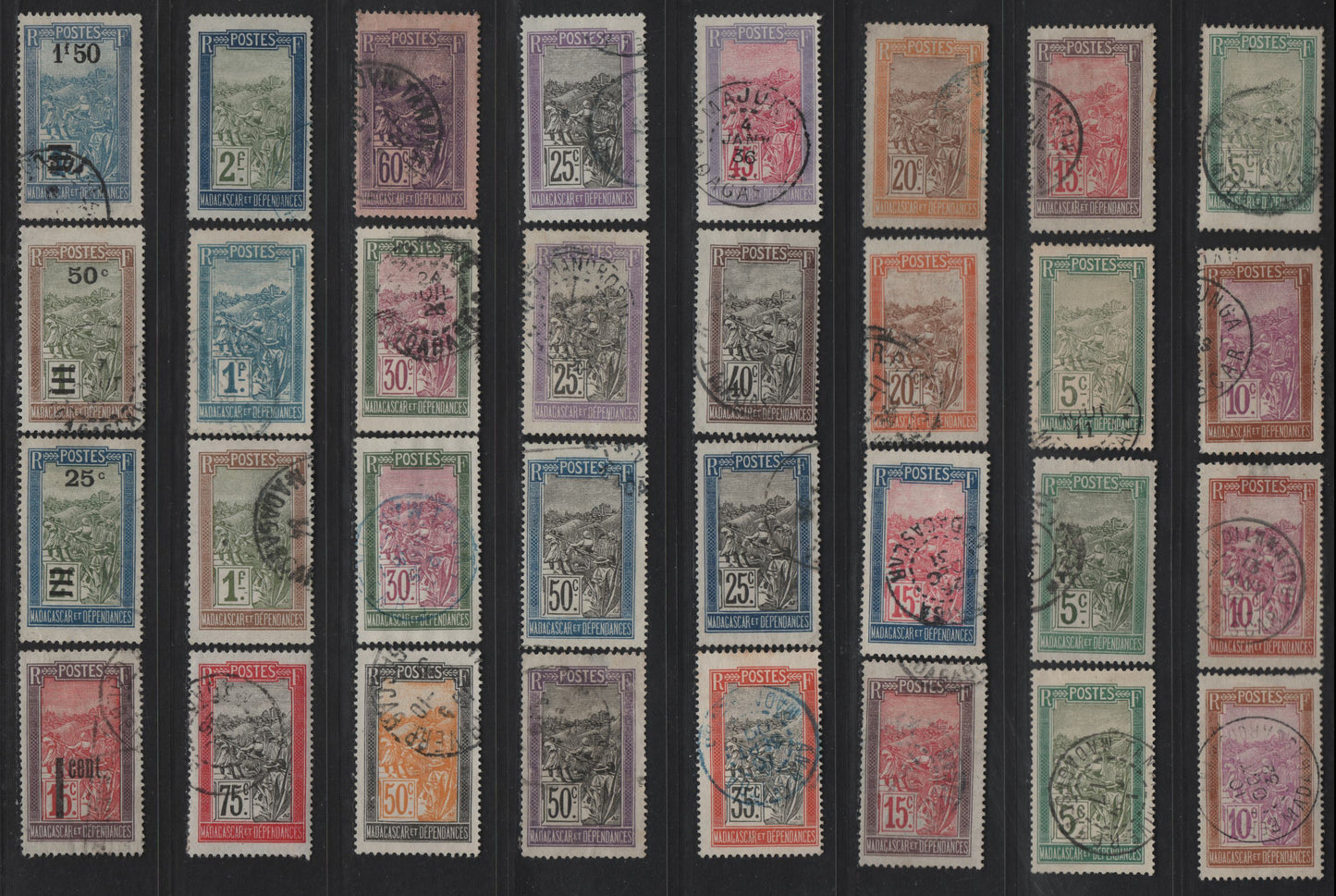 Lot 155 Madagascar SC#79, 82-87, 89-92, 95, 97-98, 101-104, 107, 109-110, 122, 130, 143, 179 1c - 2fr Violet & Olive - Blue & Olive Sedan Chair, 1908-1929 Pictorial Definitive Issue, 43 Fine/Very Fine Used Singles With Shade Variations