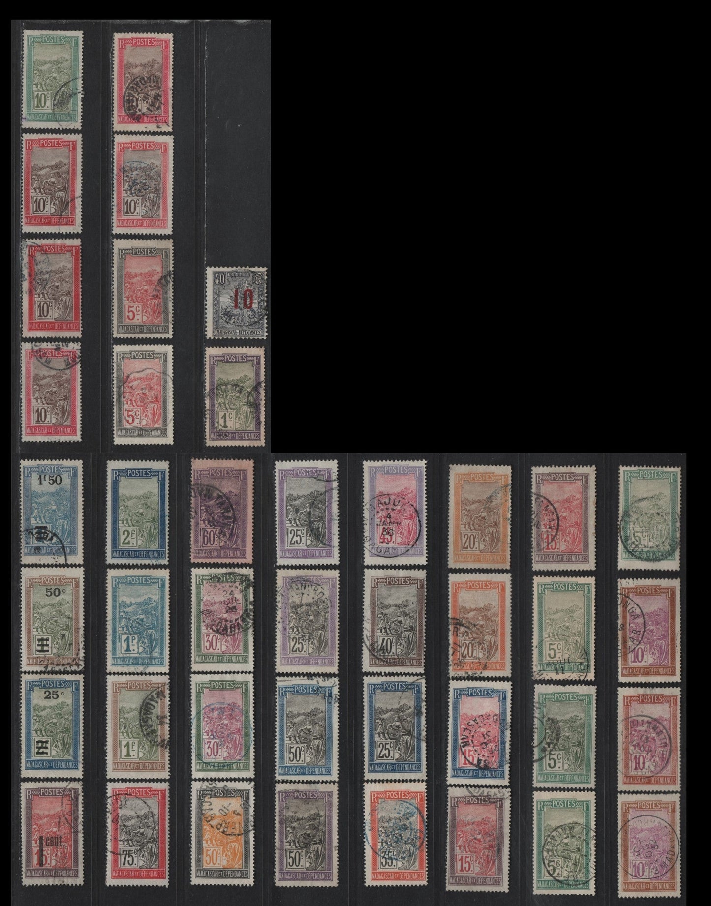 Lot 155 Madagascar SC#79, 82-87, 89-92, 95, 97-98, 101-104, 107, 109-110, 122, 130, 143, 179 1c - 2fr Violet & Olive - Blue & Olive Sedan Chair, 1908-1929 Pictorial Definitive Issue, 43 Fine/Very Fine Used Singles With Shade Variations