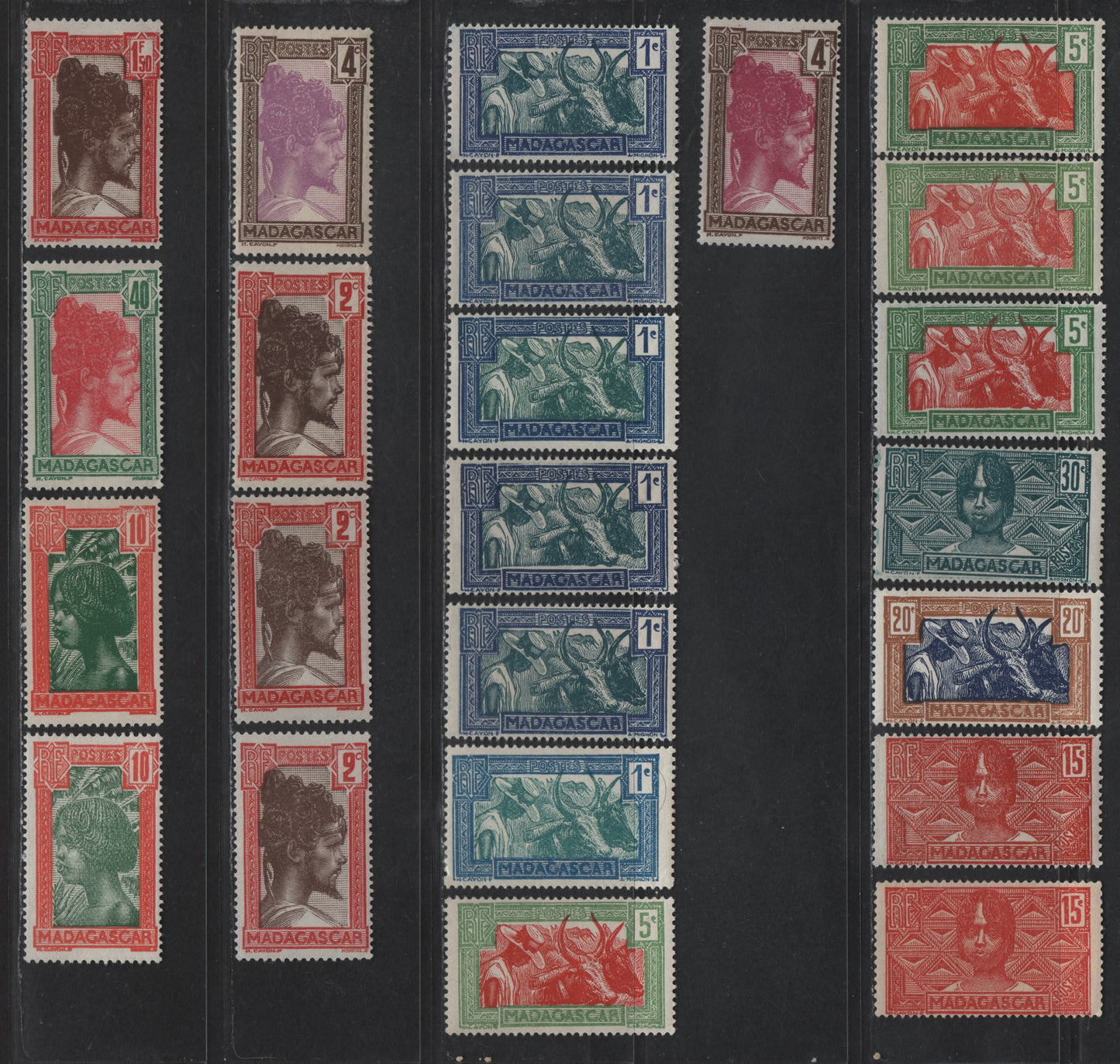 Lot 156 Madagascar SC#147/165 1c - 1.50fr Dark Blue & Blue Green - Brown & Dark Red Hova With Oxen - Sakalava Chief, 1930-1944 Pictorial Definitive Issue, 23 F/VFOG Singles With Additional Shades
