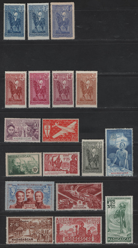 Lot 158 Madagascar SC#170, 173, 180, 182-183, 188, 190, 208-209, 211A, C38, C44, CB2-CB5 50c - 1.20fr +1.80fr Violet - Blue Colonial Exposition - Colonial Education Fund, 1921-1942 Colonial Expo - Air Post Semi Postal Issues, 18 F/VFOG Singles