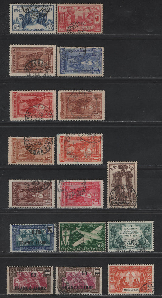 Lot 159 Madagascar SC#169, 171, 173-175, 177, 182, 184-185, 193-194, 196, 229, 239, C42 40c - 50f Deep Green Colonial Expo - 4 Motor Plane, 1931-1943 Colonial Exposition - Airmail Issues, 17 Very Fine Used Singles