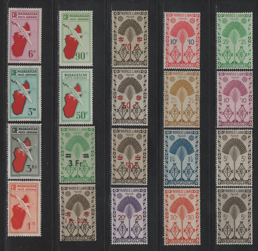 Lot 160 Madagascar SC#241-244, 247, 249, 253-254, 261-264, 266, C2, C6, C9-C10, C14, C25 5c - 6f Olive Gray - Rose Lilac Traveller's Tree - Airplane & Map, 1935-1943 Pictorial Definitive & Airmail Issues, 20 F/VFOG Singles