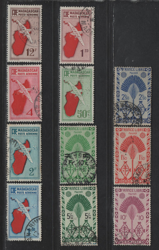 Lot 161 Madagascar SC#242, 248, 250-252, 265, C1, C3-C4, C7, C11, C19 10c - 12fr Pale Rose Violet - Brown & Red Traveller's Tree - Airplane & Map of Madagascar, 1935-1943 Pictorial - Airmail Issues, 12 Fine/Very Fine Used Singles