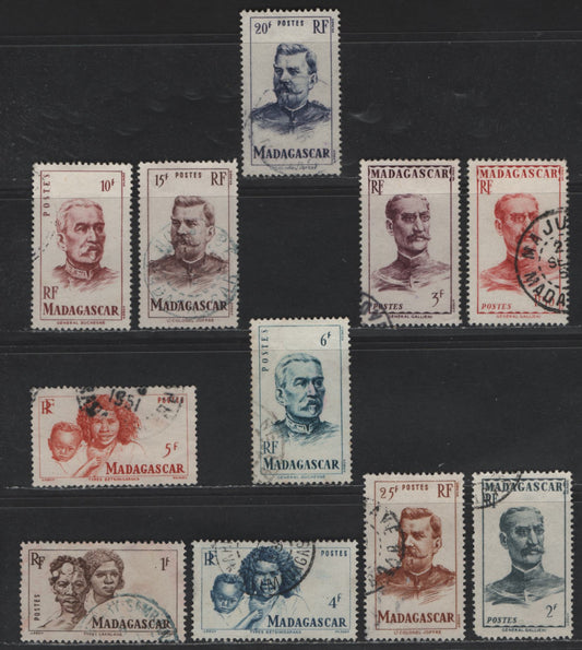 Lot 162 Madagascar SC#275-285 1fr - 25fr Brown Sakalava Man & Woman - Marshal Joseph J.C. Joffre, 1946 Portrait Definitives, 11 Very Fine Used Single