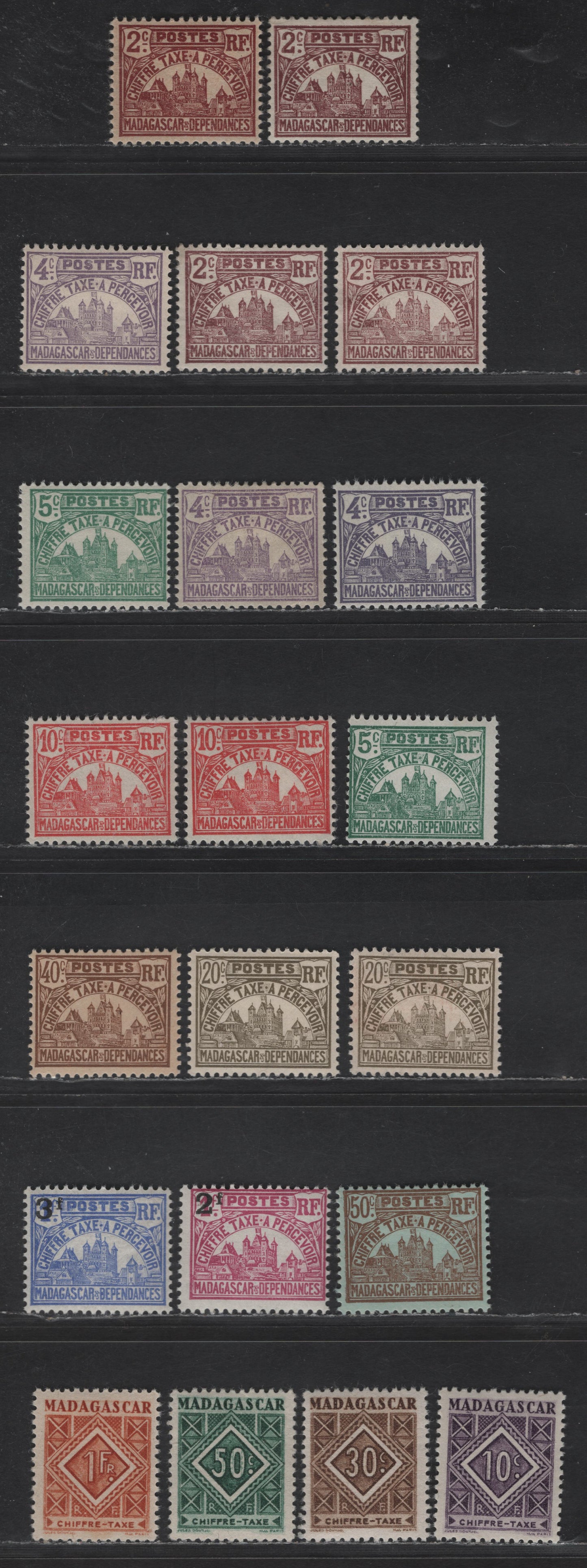 Lot 163 Madagascar SC#J8-J14, J18-J19, J21-J34 2c - 1fr Violet Brown - Deep Orange Governor's Palace - Numerals, 1908-1947 Postage Dues, 21 F/VFOG Singles