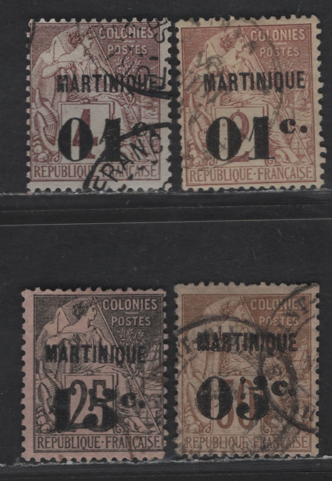 Lot 166 Martinique SC#9-10, 14, 19 1c on 2c - 15c Brown on Yellowish - Black on Rose Navigation & Commerce, 1886-1891 Surcharged French Colonies Issue, 4 Fine Used Singles
