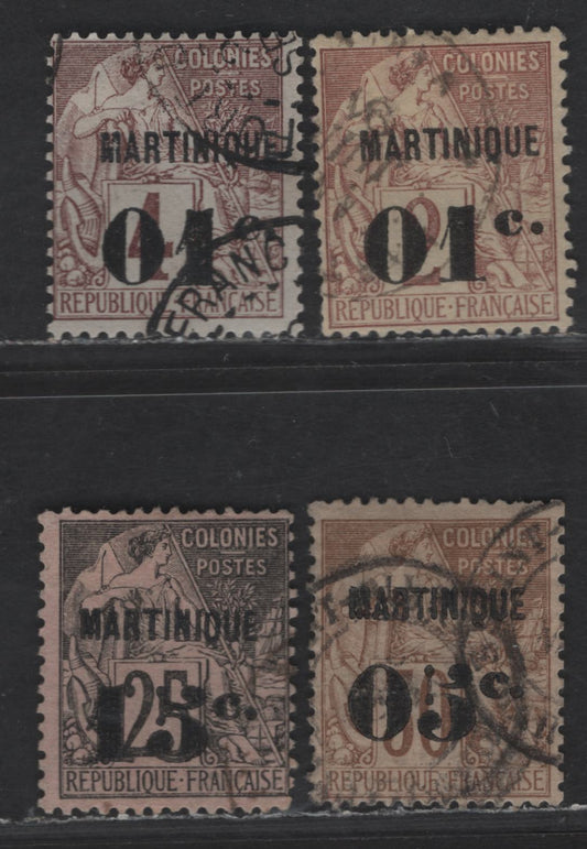 Lot 166 Martinique SC#9-10, 14, 19 1c on 2c - 15c Brown on Yellowish - Black on Rose Navigation & Commerce, 1886-1891 Surcharged French Colonies Issue, 4 Fine Used Singles
