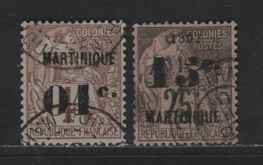 Lot 169 Martinique SC#10, 32 1c on 4c - 15c on 25 Brown on Lavender - Black on Rose Navigation & Commerce, 1886-1892 Surcharged French Colonies Issue, 2 Very Fine Used Singles