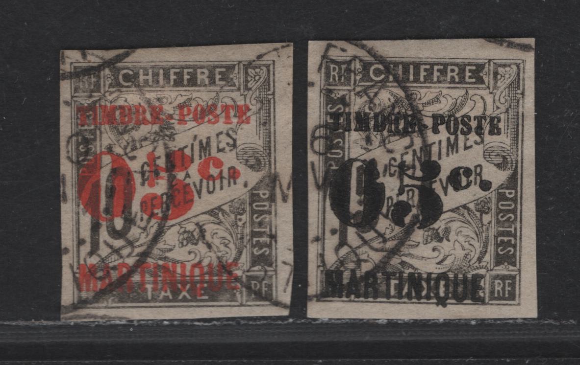Lot 170 Martinique SC#23, 26 5c on 10c - 5c on 15c Black Numeral & Banner, 1891-1892 Surcharged French Colonies Issue, 2 Very Fine Used Imperf Singles, Black & Red Surcharges