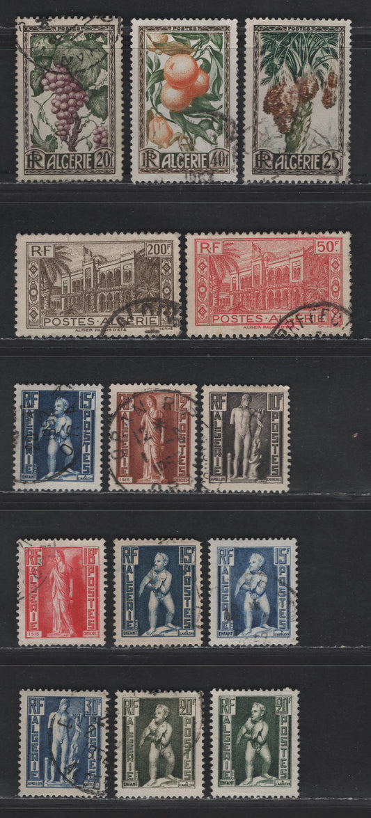 Lot 17 Algeria SC#169, 171, 229-231, 240-245 50fr - 30fr Carmine - Deep Blue , 1944-1952 High Value Defitives - Statues Issues, 14 Very Fine Used Singles, Shade Varieties