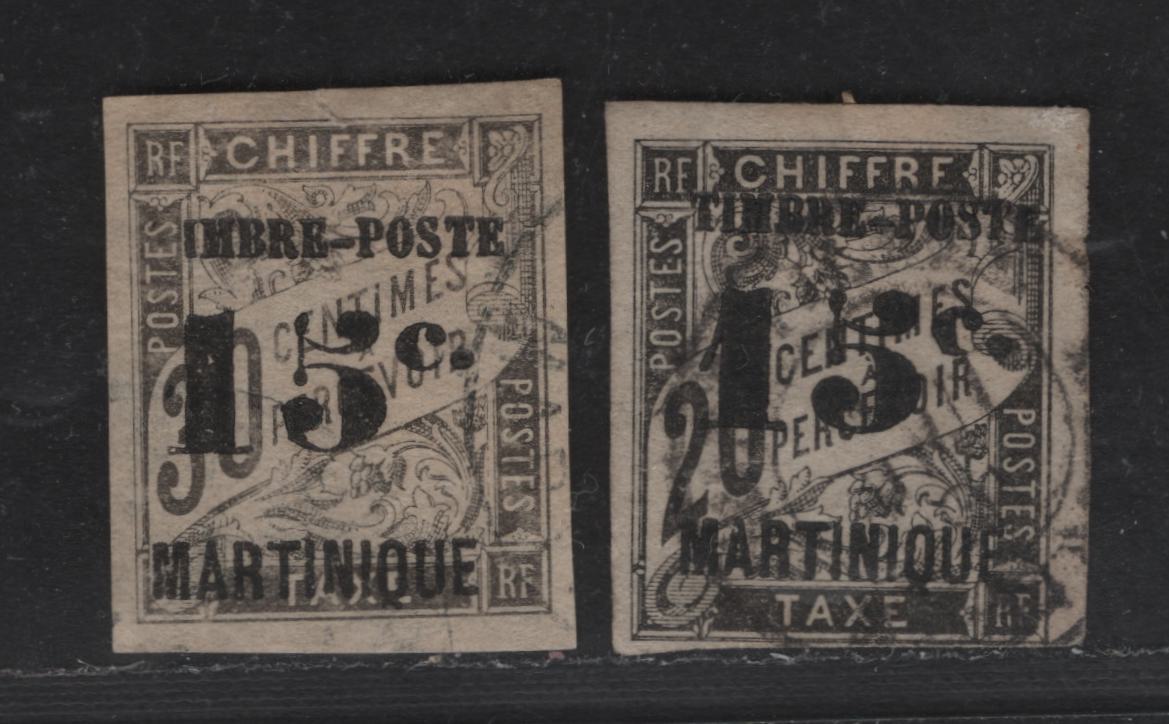 Lot 171 Martinique SC#24-25 15c on 20c - 15c on 30c Black Numeral & Banner, 1891-1892 Surcharged French Colonies Issue, 2 Fine/Very Fine Used Imperf Singles, Black Surcharges