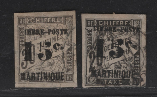 Lot 171 Martinique SC#24-25 15c on 20c - 15c on 30c Black Numeral & Banner, 1891-1892 Surcharged French Colonies Issue, 2 Fine/Very Fine Used Imperf Singles, Black Surcharges