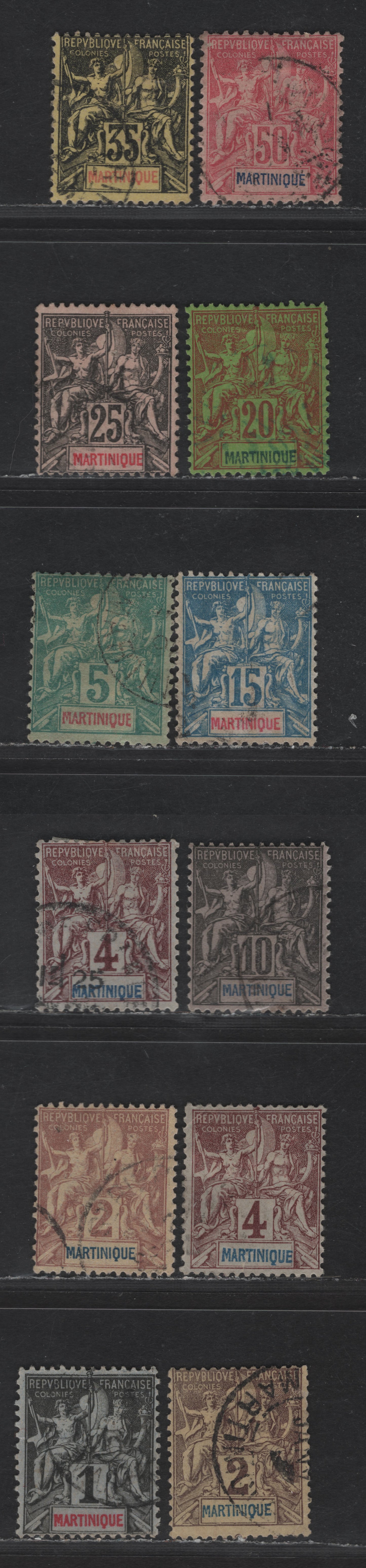 Lot 174 Martinique SC#33-36, 38, 40, 42-43, 46, 48 1c - 50c Black on Lilac Blue - Carmine on Rose Navigation & Commerce, 1892-1906 Pictorial Issue, 12 Fine Used Singles