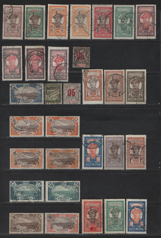 Lot 175 Martinique SC#62-77, 79-80, 101-102, B1, J17 1c - 20c Red Brown & Brown - Olive Green Martinique Woman - Numeral & Banner, 1908-1930 Pictorial, Semi Postal & Postage Due Issues, 31 Fine/Very Fine Used Singles, Multiple Shades