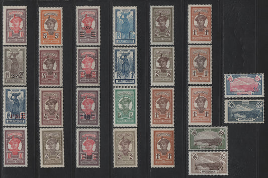 Lot 176 Martinique SC#62-64, 66, 69, 71, 79, 82, 87, 90, 94, 97, 108-110, 120-121, 124 1c - 1.25fr on 1fr Red Brown & Brown - Dark Blue Martinique Woman - View of Fort-de-France, 1908-1930 Pictorial Definitives & Surcharged Issues, 27 F/VFOG Singles,