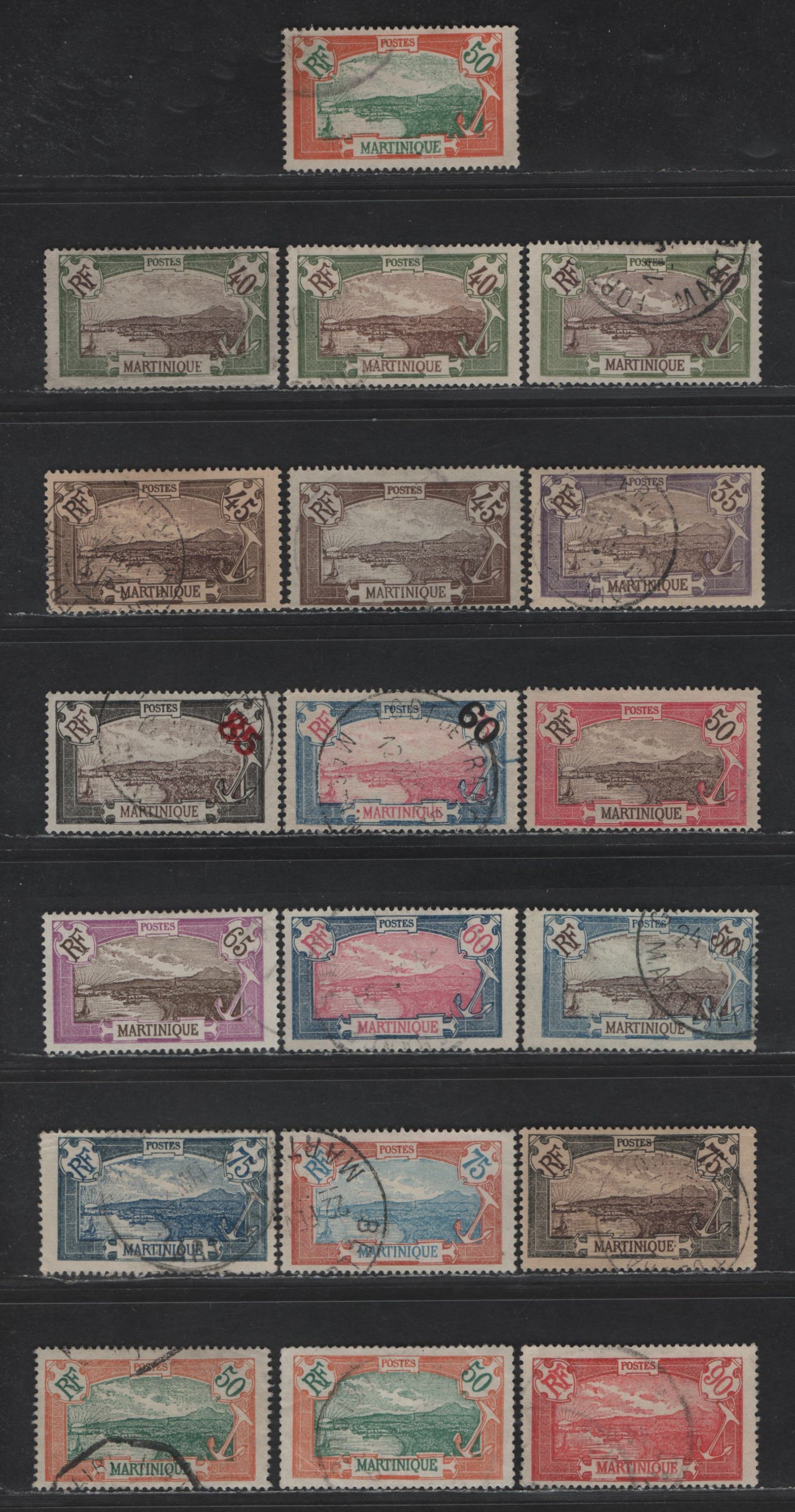 Lot 177 Martinique SC#82-92, 111, 113 40c - 85c on 75c Gray Green & Brown - Black & Brown View of Fort-de-France, 1908-1930 Pictorial Definitives & Surcharged Issues, 19 Fine/Very Fine Used Singles