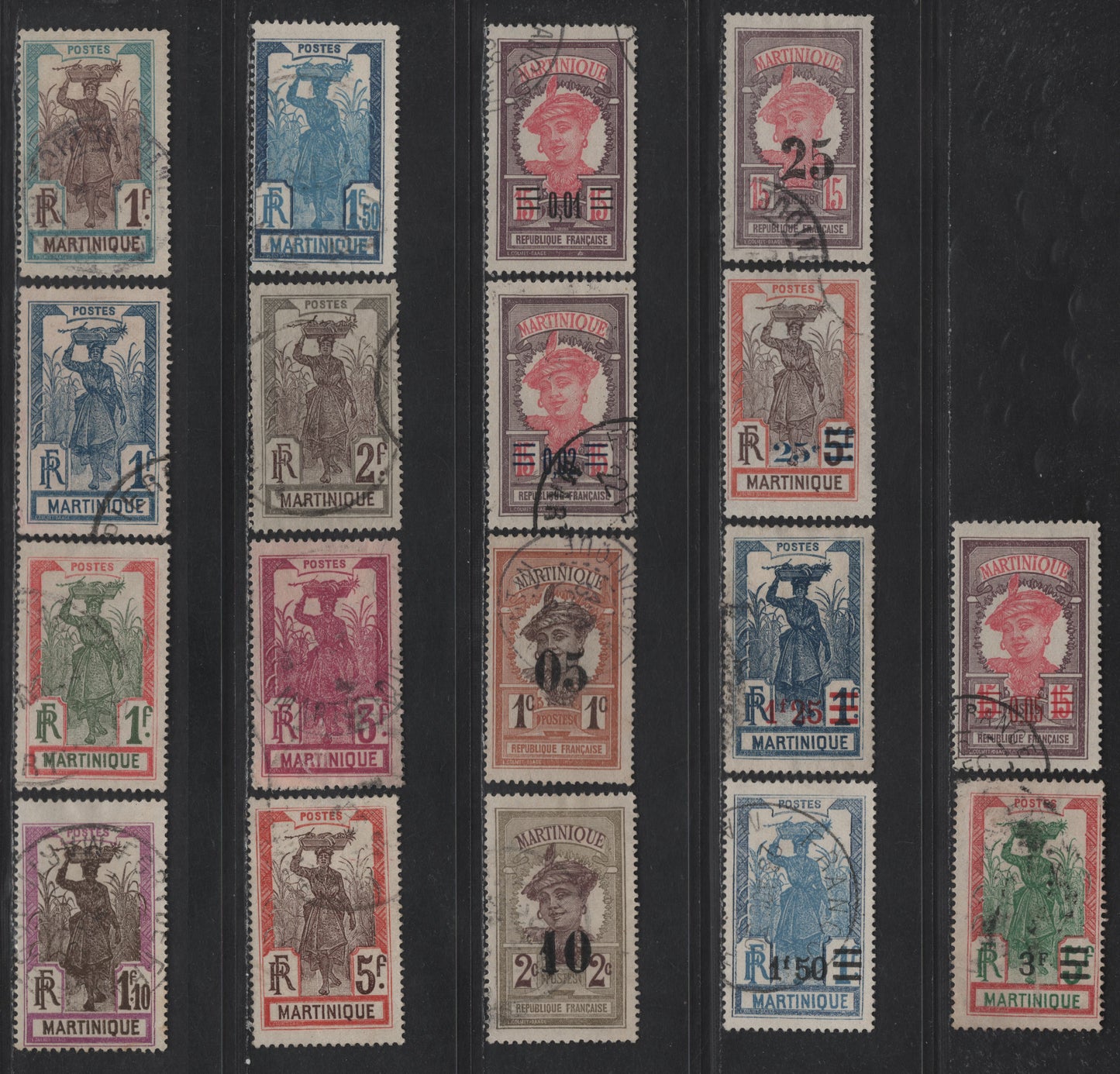 Lot 179 Martinique SC#93-100, 105-110, 122, 124-126 1fr - 3fr on 5fr Dull Blue & Brown - Dull Green & Deep Red Girl in Cane Field - Martinique Woman, 1908-1930 Pictorial & Surcharged Issues, 18 Fine/Very Fine Used Singles