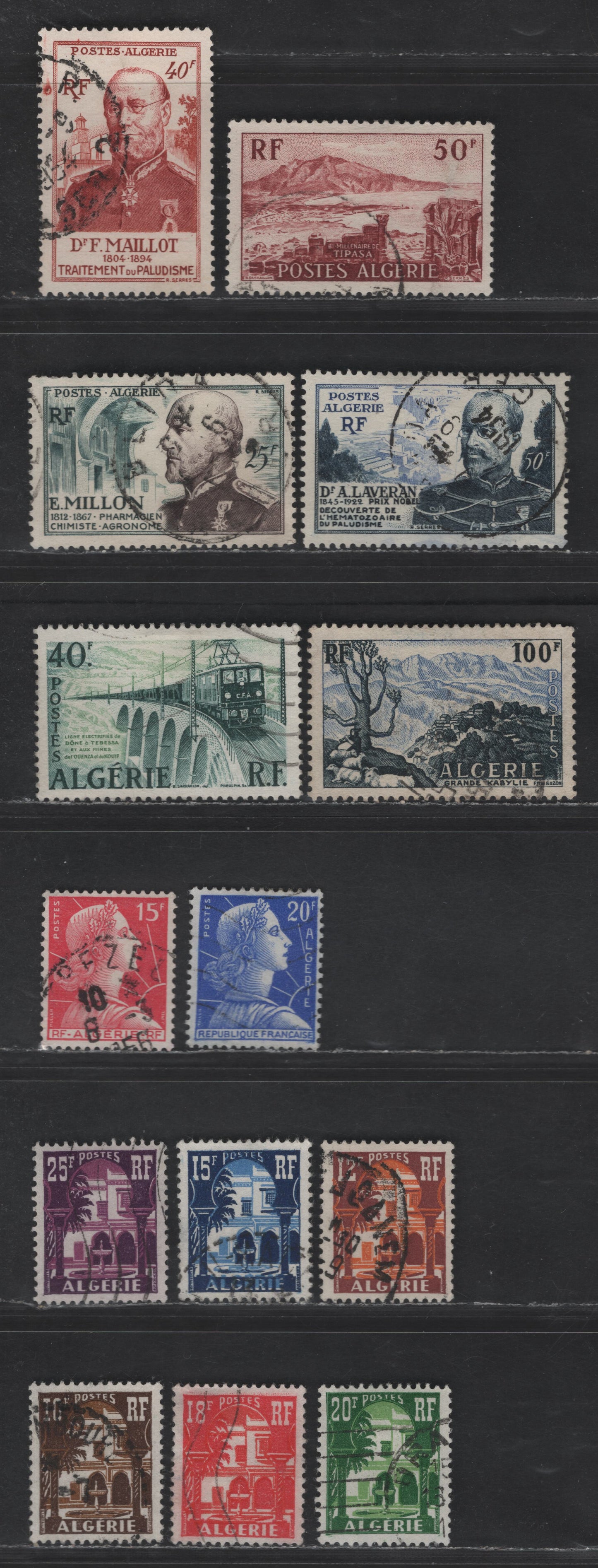 Lot 18 Algeria SC#250-252, 258, 263, 265-271, 283-284 25fr - 20fr Dark Green & Chocolate  - Ultramarine Eugene Millon - Marianne, 1954-1958 Military Health Service - Marianne Type Definitive, 14 Very Fine Used Singles