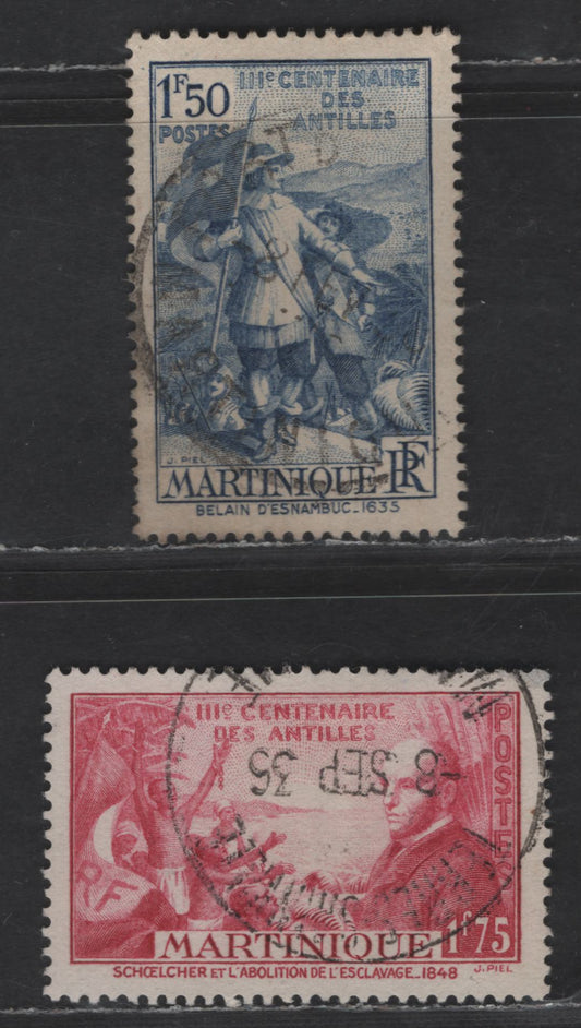 Lot 181 Martinique SC#175-176 1.50fr - 1.75fr Ultramarine - Lilac Rose Landing of Belain d'Esnambuc - Freed Slaves Paying Homage, 1935 Tercentenary of French Possessions in West Indies Issue, 2 Very Fine Used Singles
