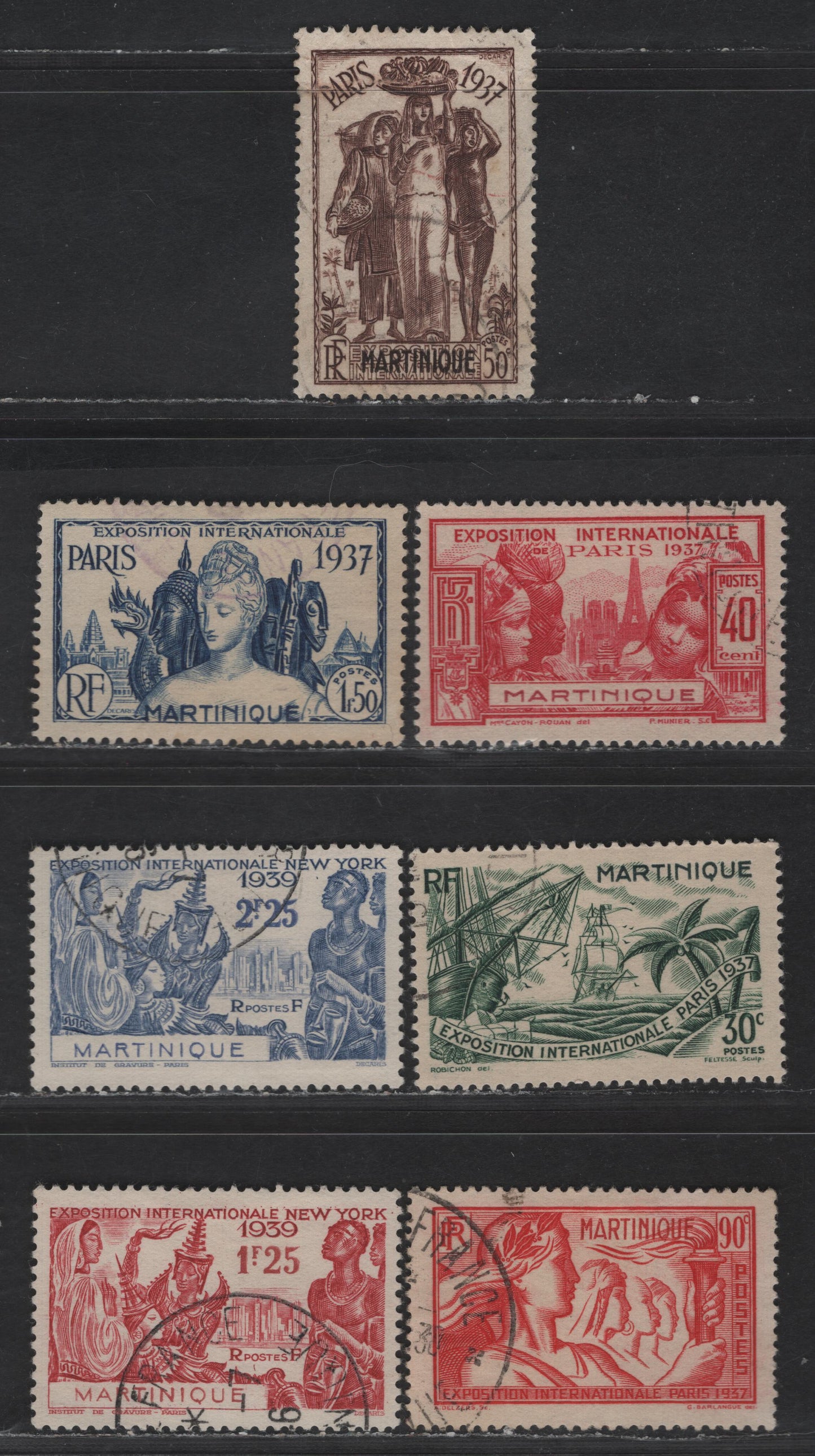 Lot 182 Martinique SC#181-187 30c - 2.25fr Dark Green - Ultramarine Paris Expo - World's Fair, 1937-1939 Paris Exhibition - New York World's Fair Issues, 7 Very Fine Used Singles