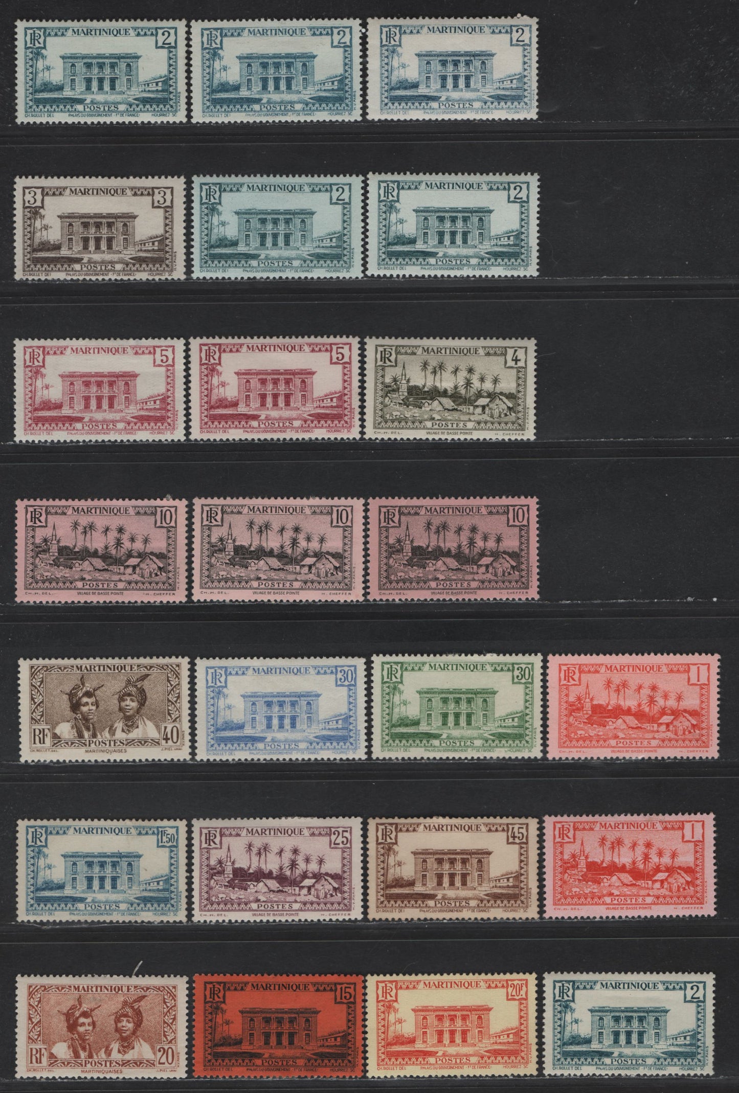 Lot 184 Martinique SC#133-143, 145-146, 162, 172 1c - 10fr Red on Pink - Red on Yellow Government Palace - Martinique Women, 1933-1940 Pictorial Issue, 15 VFOG Singles