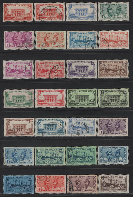 Lot 185 Martinique SC#133, 135-137, 139-144, 147-159, 161-163, 165-171 1c - 10fr Red on Pink - Dark Blue on Blue Village of Basse-Pointe - Martinique Women, 1933-1940 Pictorial Issue, 36 Very Fine Used Singles