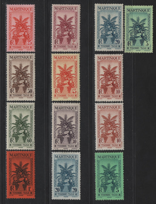 Lot 188 Martinique SC#J26-J35 5c - 2fr Dark Blue on Green - Deep Rose Tropical Fruit, 1933 Postage Dues, 12 VFOG Singles, Some Shade Varieties