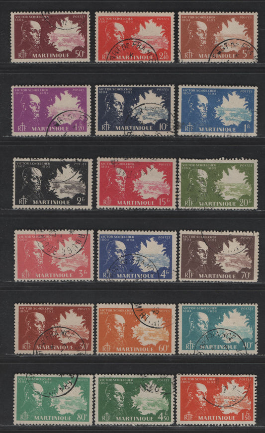 Lot 189 Martinique SC#198-215 10c - 15fr Deep Blue Violet & Ultramarine - Rose Carmine & Lilac Rose Victor Schoelcher, 1945 Schoelcher Definitive Issue, 18 Fine/Very Fine Used Singles