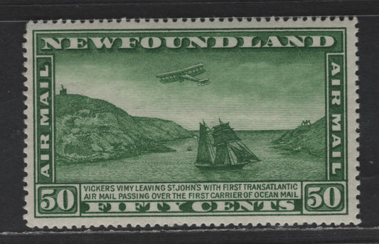 Lot 190 Newfoundland #C7 50c Green Airplane & Packet Ship, 1931 Airmail Issue, A FOG Single