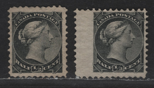 Lot 193 Canada #34 1/2c Silver Black Queen Victoria, 1870-1893 Small Queen Issue, 2 Fine Unused Singles, Late Montreal Printings, Stout Horizontal Coarse Mesh, Non Porous Wove Paper (LM-A), Perfs 12x12.25 & 12.25, One With Plate Position Dot, One Without