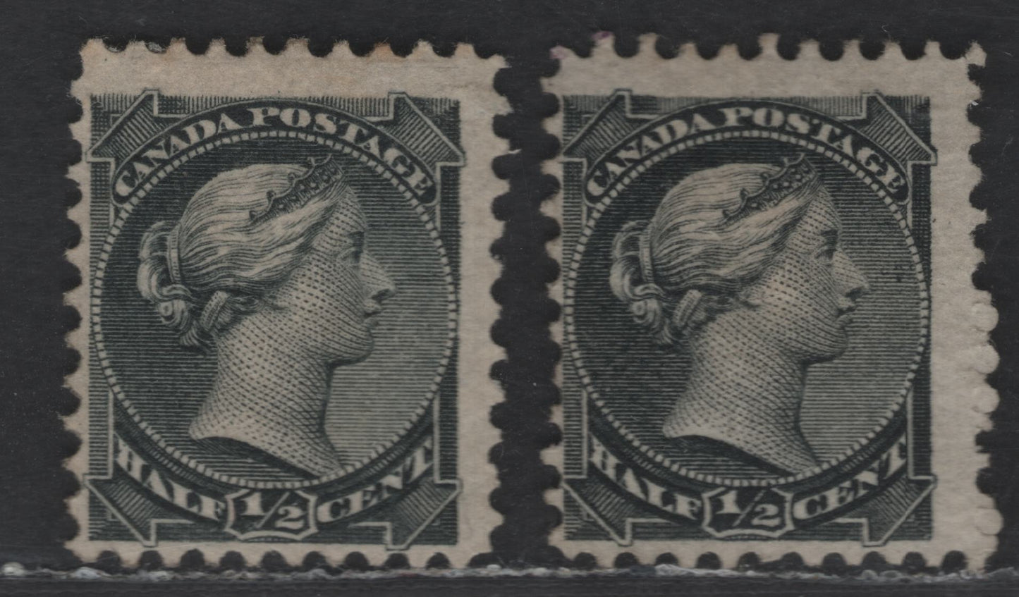 Lot 195 Canada #34 1/2c Silver Black Queen Victoria, 1870-1893 Small Queen Issue, 2 Fine Unused Singles, Perfs 12.1 & 12.1x12.2, Stout, Non-Porous Horizontal Wove Coarse Horiz Mesh Paper (LM-A), Late Montreal Printings, Without Position Dots