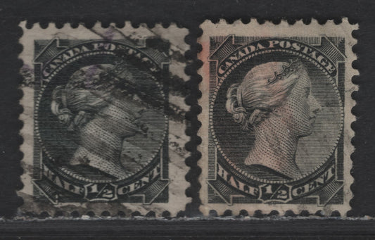 Lot 196 Canada #34 1/2c Silver Black & Gray Black Queen Victoria, 1870-1893 Small Queen Issue, 2 Fine Used Singles, Perfs 12.1 & 12, Two Late Montreal Printings, LM-A & LM-B Papers (Descriptions In Body)