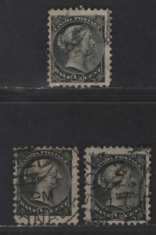 Lot 197 Canada #34 1/2c Intense Black & Black Queen Victoria, 1870-1893 Small Queen Issue, 3 Fine Used Singles, Perfs 12, 12x11.9 & 12.1, LM-A & LM-B Papers (Description In Body), None Of These Show Position Dots