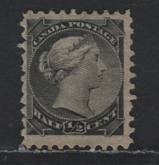 Lot 199 Canada #34i 1/2c Gray Black Queen Victoria, 1870-1893 Small Queen Issue, A FOG Single, Perf 12x11.9, 2nd Ottawa Paper A (2O-A) (Description in Body), No Medallion Dot & Heavily Inked, Likely 1893-1895 Printing