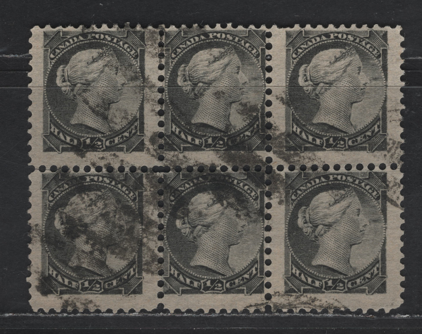 Lot 200 Canada #34i 1/2c Gray Black Queen Victoria, 1870-1893 Small Queen Issue, A Fine Used Block Of 6, Perf 12, Mid Second Ottawa Printing, Paper Type 2O-A (See Body)