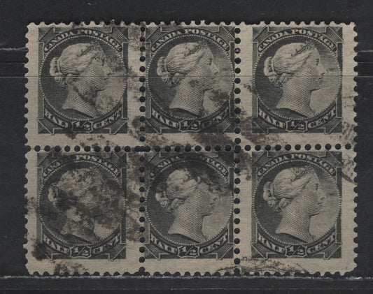Lot 200 Canada #34i 1/2c Gray Black Queen Victoria, 1870-1893 Small Queen Issue, A Fine Used Block Of 6, Perf 12, Mid Second Ottawa Printing, Paper Type 2O-A (See Body)