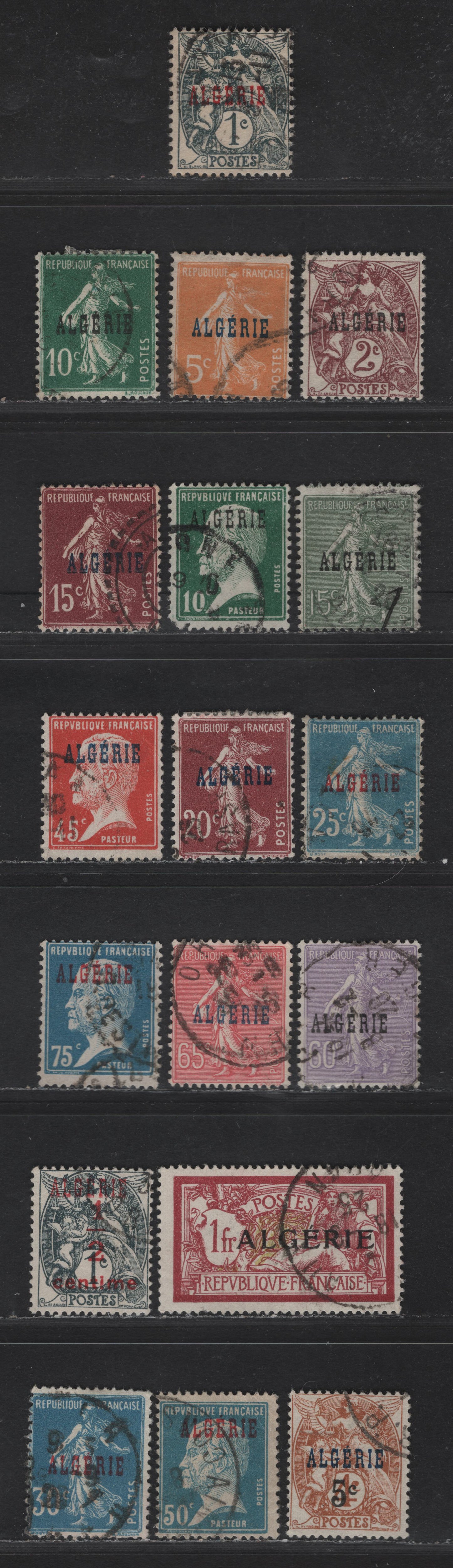 Lot 2 Algeria SC#1-2, 5, 7-9, 11-13, 21-25, 28, 75, P1 1c - 2fr Slate - Orange & Pale Blue Liberty & Scales, 1924-1926 Overprinted French Liberty & Peace Issues, 18 Fine/Very Fine Used Singles