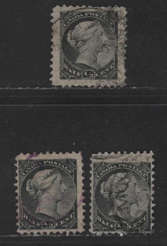 Lot 201 Canada #34i 1/2c Gray Black Queen Victoria, 1870-1893 Small Queen Issue, 3 Fine Used Singles, Perfs 12x11.9, 12 & 12x12.15, Mid Second Ottawa Printings, Paper Type 2O-A (See Body), Two Small Dots Inside H of Half