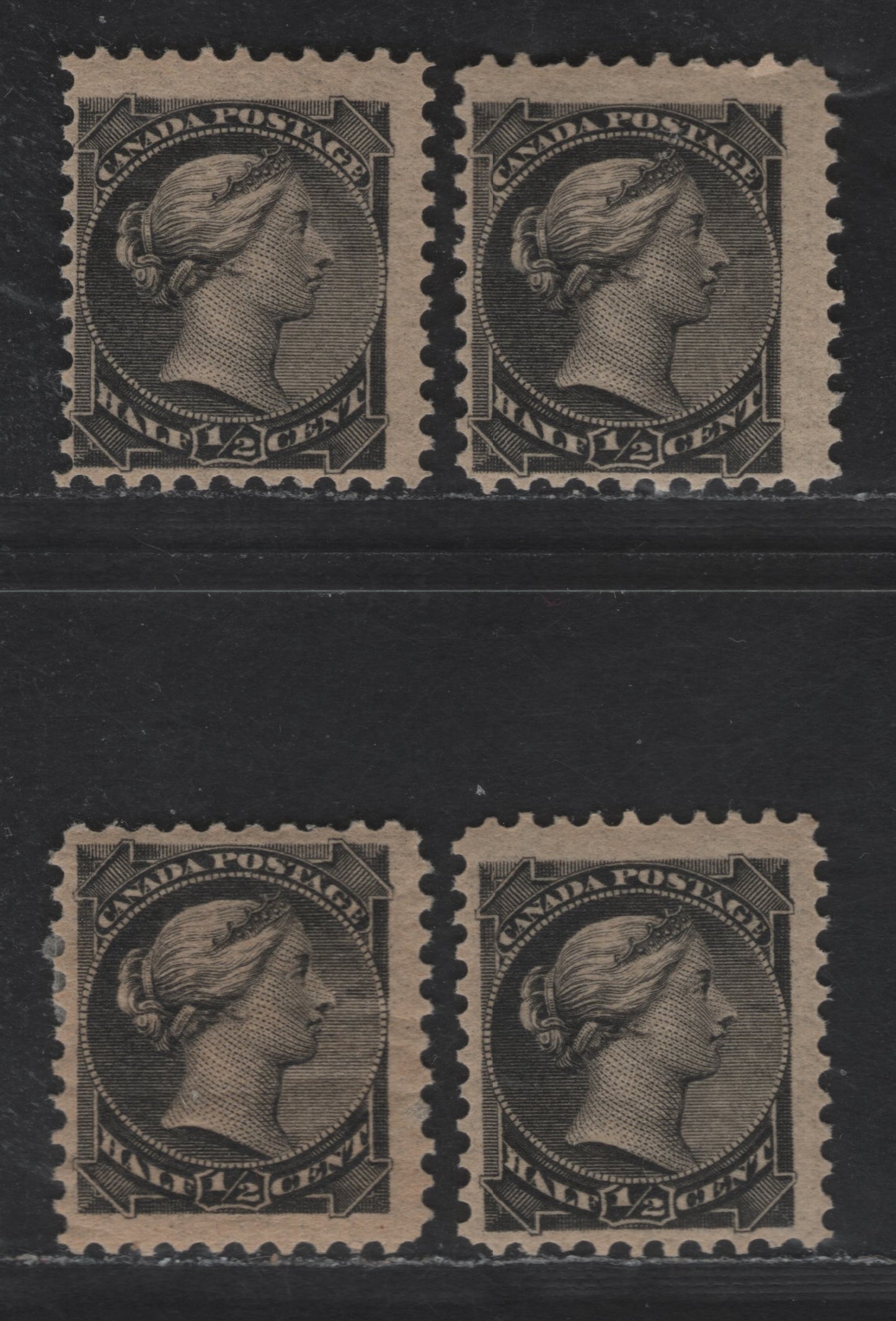Lot 202 Canada #34 1/2c Black Queen Victoria, 1870-1893 Small Queen Issue, 4 FOG Singles, Perfs 11.9x12, 12, 12x12.1 & 11.9, Mid to Late Second Ottawa Printings, Paper Type 2O-B (See Body)