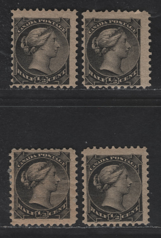 Lot 202 Canada #34 1/2c Black Queen Victoria, 1870-1893 Small Queen Issue, 4 FOG Singles, Perfs 11.9x12, 12, 12x12.1 & 11.9, Mid to Late Second Ottawa Printings, Paper Type 2O-B (See Body)
