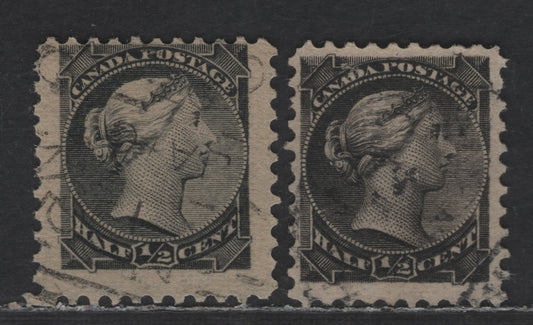 Lot 207 Canada #34, 34i 1/2c Gray Black & Black Queen Victoria, 1870-1893 Small Queen Issue, 2 Fine Used Singles, Mid Second Ottawa Printing, Paper Type 2O-B (See Body), Perf 12