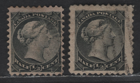 Lot 208 Canada #34i 1/2c Gray Black & Black Queen Victoria, 1870-1893 Small Queen Issue, 2 Fine Used Singles, Mid Second Ottawa Printing, Paper Type 2O-B (See Body), Perfs 12 & 12.1x11.9