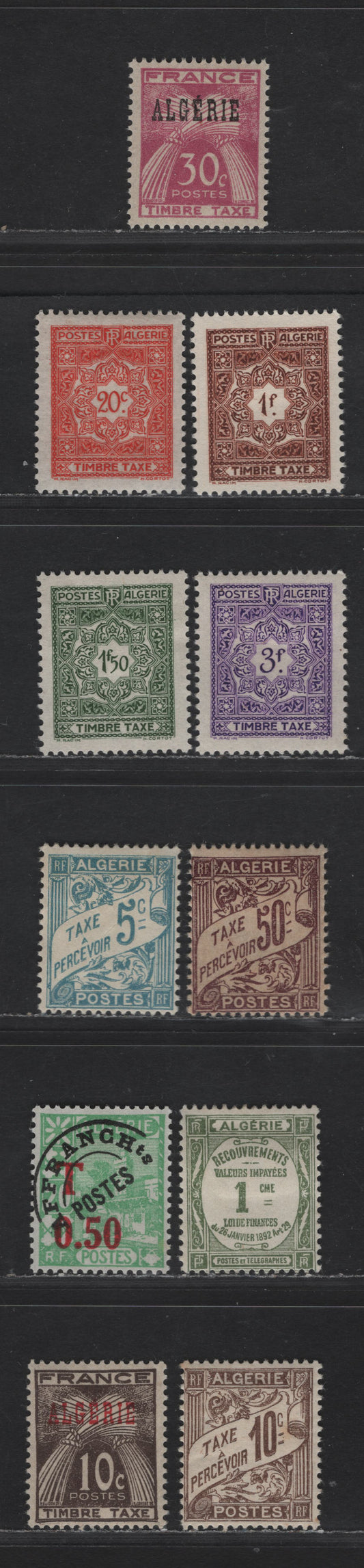 Lot 21 Algeria SC#J1-J2, J7-J12, J27, J33-J35, J37-J38, J40 5c - 3fr Light Blue - Violet Numerals, 1926-1955 Postage Dues, 11 F/VFOG Singles