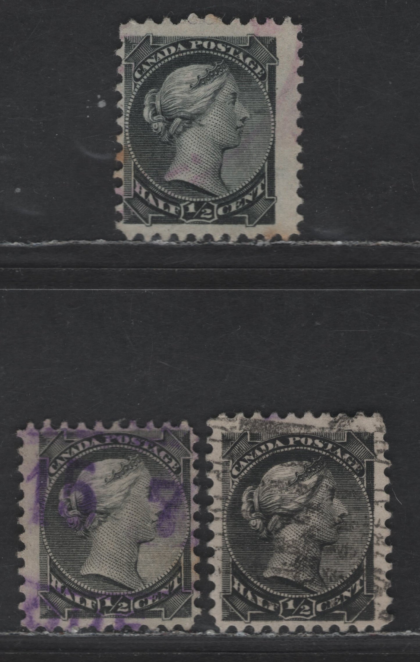Canada #34i 1/2c Gray Black, Black & Silver Black Queen Victoria, 1870-1893 Small Queen Issue, 3 Fine Used Singles, Late Second Ottawa Printing, Paper Type 2O-F (See Body), Perfs 12x1x12 & 12