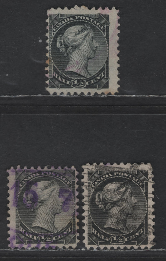 Canada #34i 1/2c Gray Black, Black & Silver Black Queen Victoria, 1870-1893 Small Queen Issue, 3 Fine Used Singles, Late Second Ottawa Printing, Paper Type 2O-F (See Body), Perfs 12x1x12 & 12