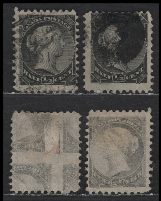 Lot 213 Canada #34i 1/2c Gray Black Queen Victoria, 1870-1893 Small Queen Issue, 2 Very Good/Fine Used Singles, Late Second Ottawa Printing, Paper Type 2O-F (See Body), Perfs 12.1x12 & 12, Full & Partial Offsets On The Back