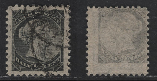 Lot 214 Canada #34i 1/2c Gray Black Queen Victoria, 1870-1893 Small Queen Issue, A Very Fine Used Single, Mid Second Ottawa Printing, Paper Type 2O-B (See Body), Offset on Back, Beautifully Centered With Large Margins, Perf 12