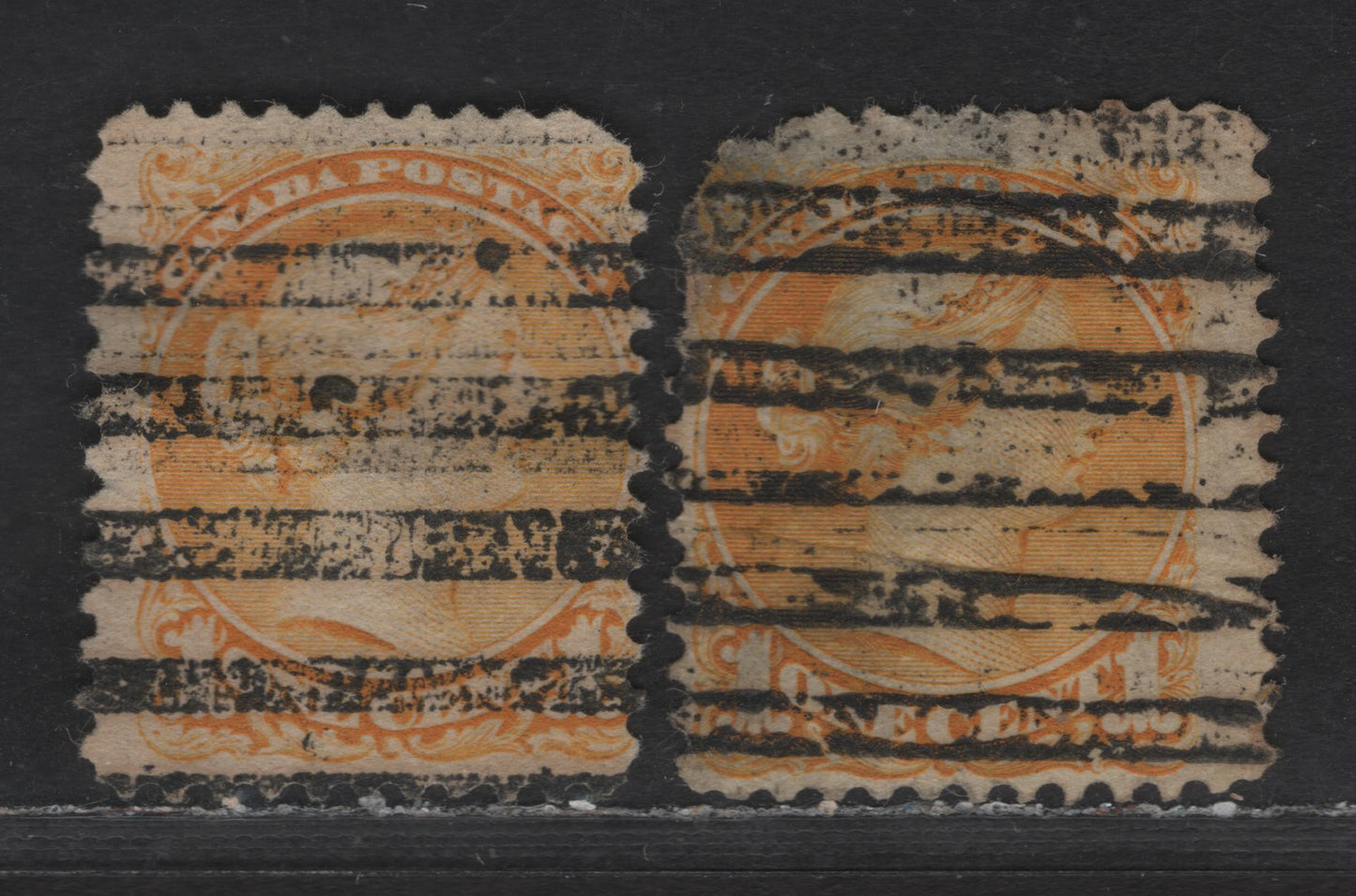 Lot 219 Canada Walburn#C35-D (Unitrade #35xx) 1c Yellow Queen Victoria, 1870-1893 Small Queen Issue, 2 Ungraded Used Singles, One Early-Mid Second Ottawa Printing, Other Mid Second Ottawa Printing, Double Style C Precancel, Both Faulty, Sold as Reference